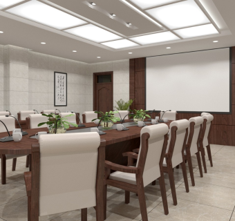 现代简洁会议室，办公会议，会议桌椅，会议室挂画，会议背景墙